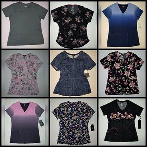 Koi Jaanuu HeartSoul Wonderwink ombré floral denim 9pc scrub top bundle NWT